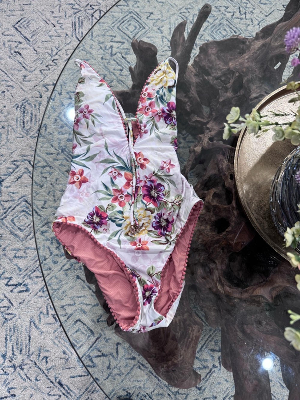 Floral Deep-V One-Piece Swimsuit - Pink Floral